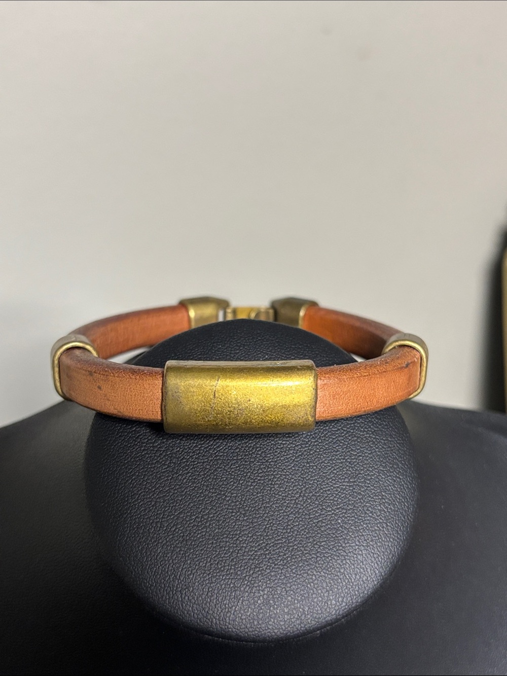 Vintage Chunky Leather Bracelet Brass Accents - Tan Western Boho